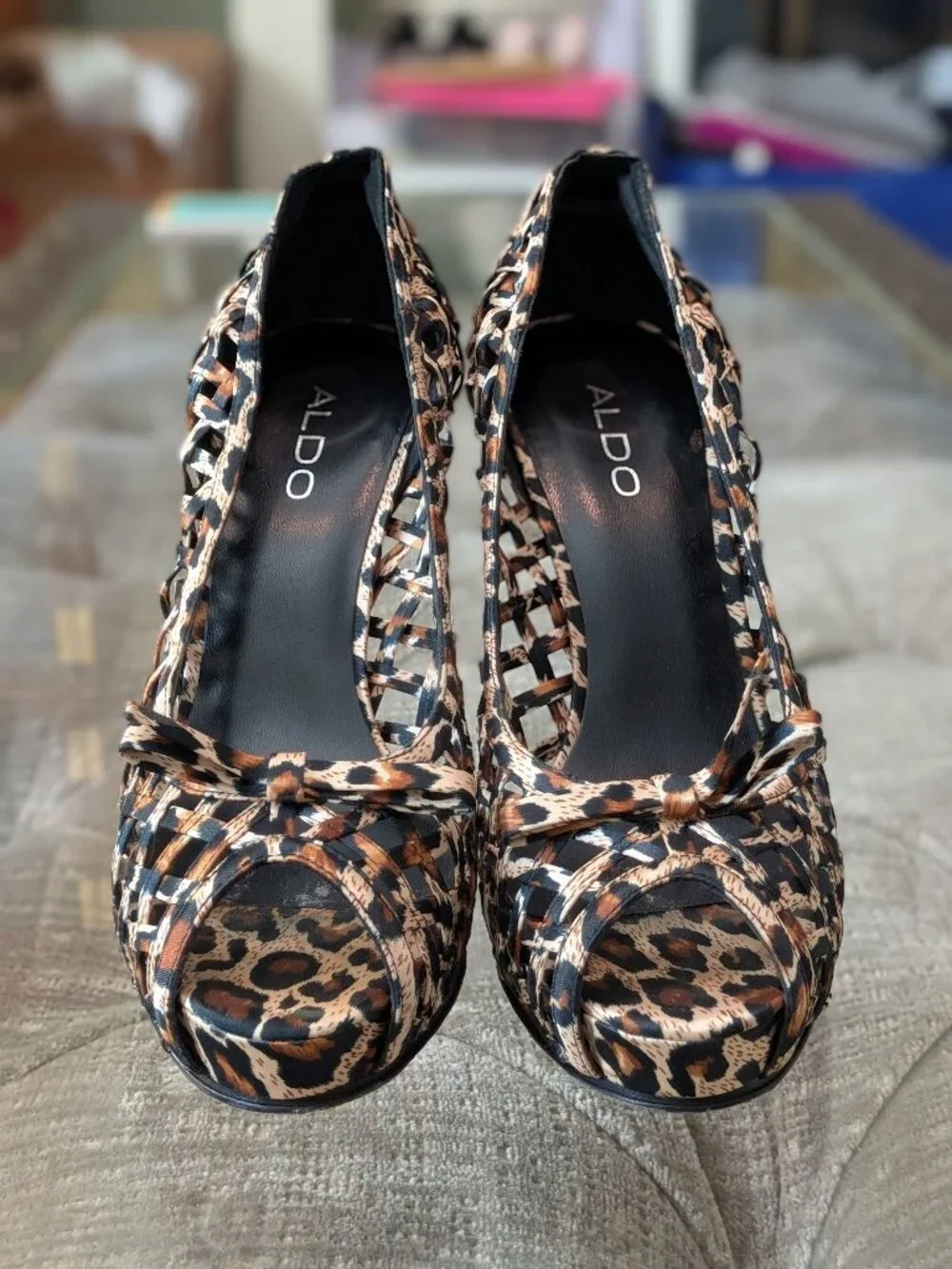 ALDO Leopard Print Woven Cage Platform Pumps Stiletto Heels Sz 38 / 7.5